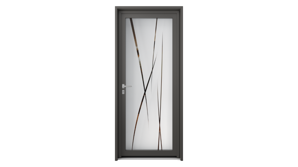 Porte d'entrée parclosé gamme lumière IOTA Porte d'entrée vitrée contour gris avec lignes courbées en décoration